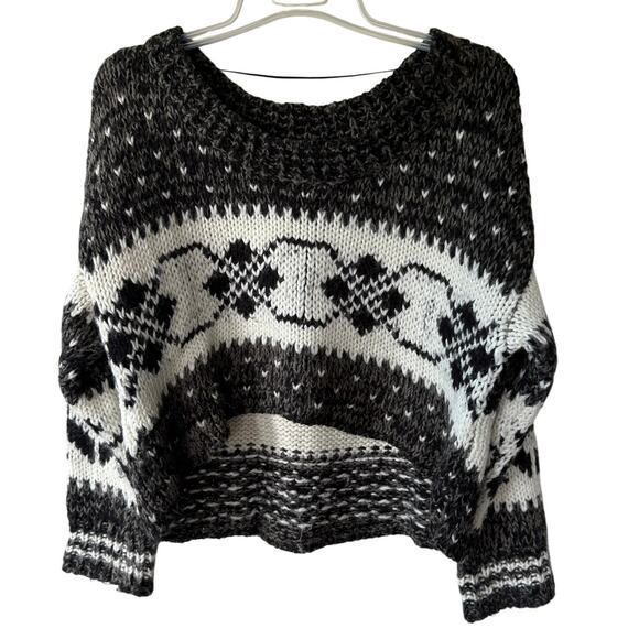 Free People Thick Cropped Fair Isle taupe black white pullover sweater size M - Picture 1 of 10